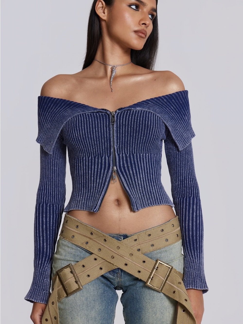 Jaded London Blue Off-Shoulder Ribbed Zip Crop Top